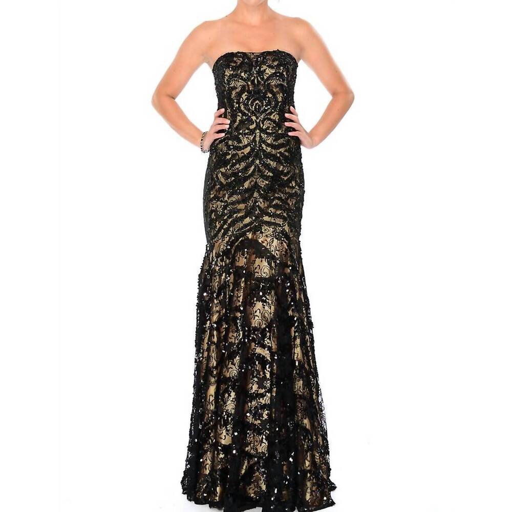 NEW PRECIOUS FORMALS lace-and-sequins overlay strapless gown in black/gold